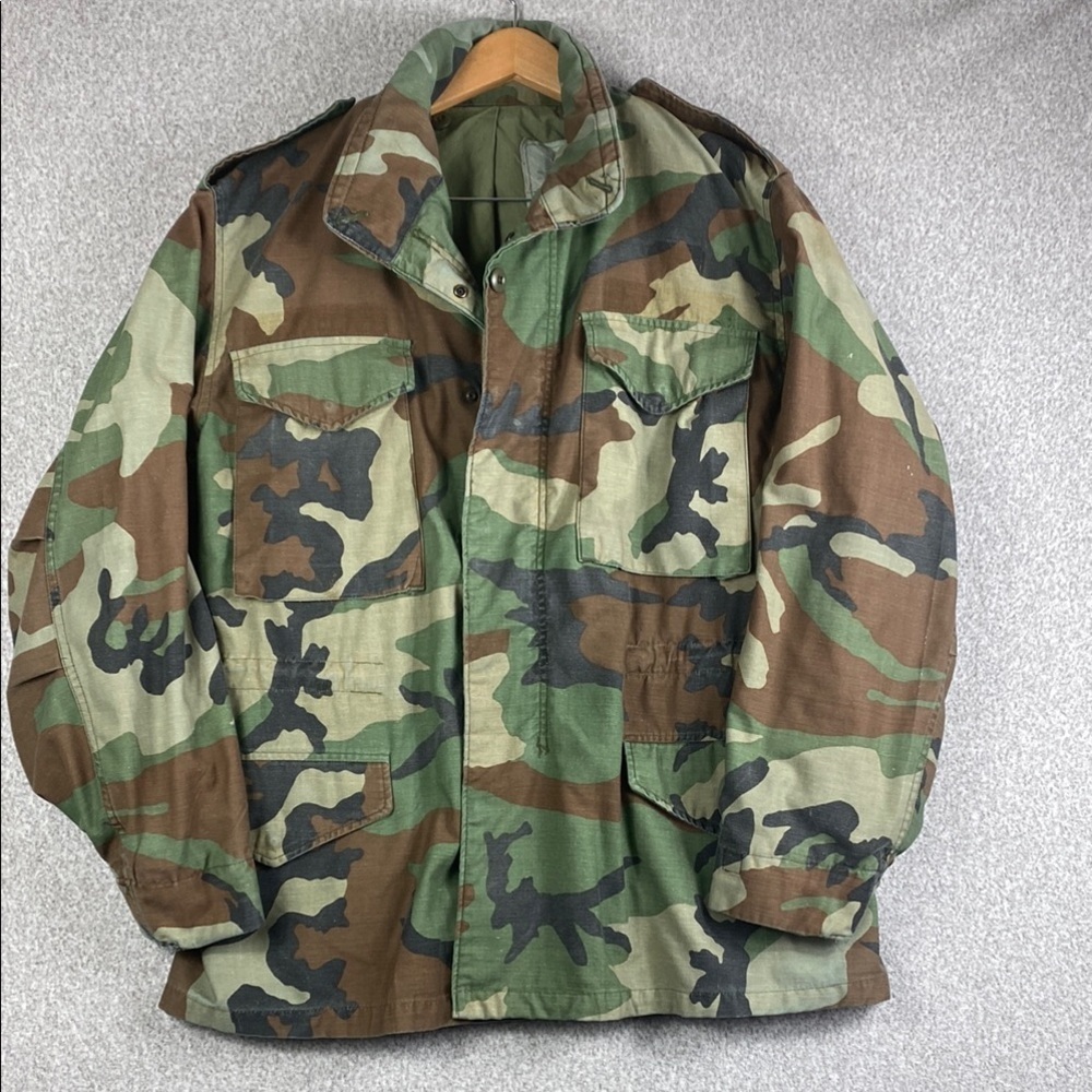 Vintage US Army anorak BDU jacket woodland print metal zipper medium regular